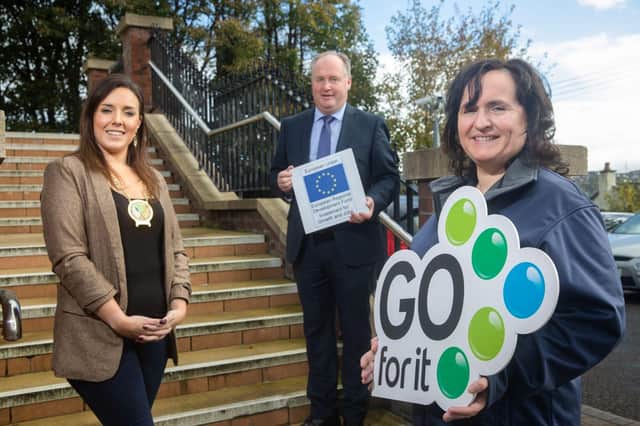 Olivia O’Reilly with Cllr of Newry, Mourne and Down DC, Cathy Mason, and Liam Quinn, Business Adviser at Newry and Mourne Co-Operative Enterprise Agency