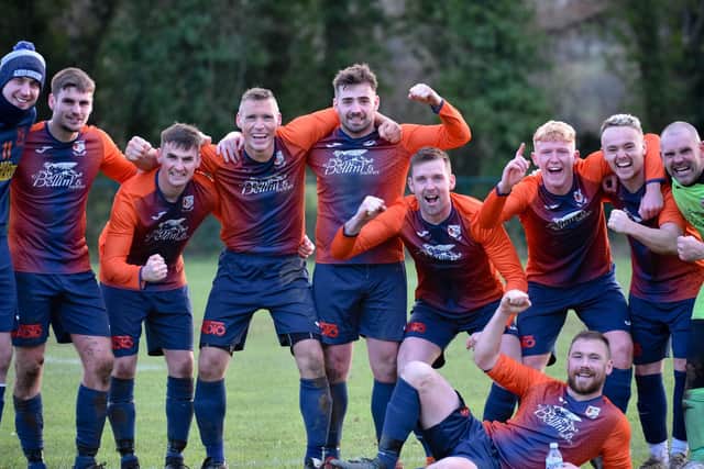 Windmill Stars players celebrate reaching the first round of the Irish Cup following their win over Tobermore United. PICTURE: Brendan Monaghan