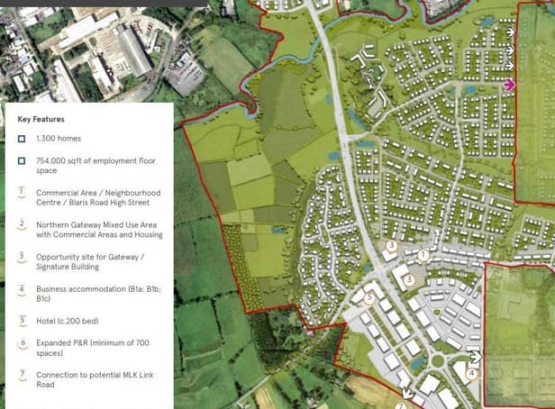 A plan view of the proposed £500m expansion of Lisburn to the south of the city, next to the Sprucefield Roundabout.