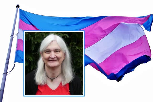 Dr Debbie Hayton (backed by a transgender flag, from Creative Commons user National_Progress_Party, licence CC BY SA 3)