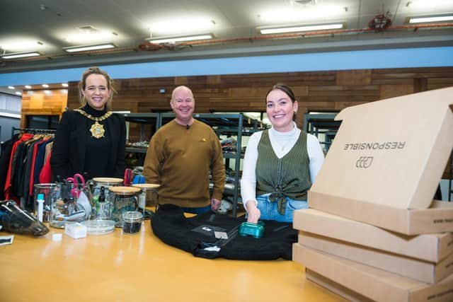 Belfast Lord Mayor, Kate Nicholl with Mark Dowds, co-founder and CEO of Responsible and Marianne Connolly, garment processor at Responsible