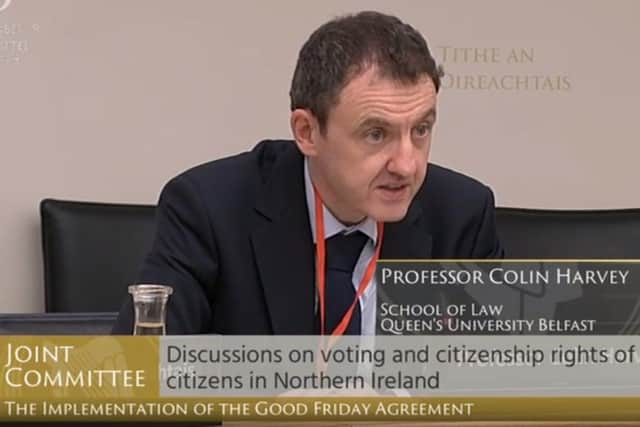 Professor Colin Harvey, seen above giving evidence to an Irish Parliamentary committee,  is reported to believe that his involvement with the Ireland’s Future civic society group has made him a target for unionist hostility