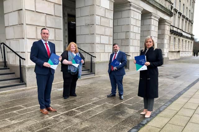 (Left-right) First Minister Paul Givan, Justice Minister Naomi Long, Health Minister Robin Swann and deputy First Minister Michelle O'Neill outside Parliament Buildings at Stormont, calling for the public to give their views on two new strategies, aimed at tackling domestic and sexual abuse, and violence against women and girls. Picture date: Monday January 10, 2022.