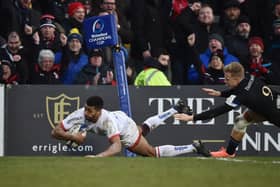 BELFAST, NORTHERN IRELAND - JANUARY 18: Robert Baloucoune of Ulster scores a try during the Heineken Champions Cup Round 6 match between Ulster Rugby and Bath Rugby at Ravenhill Stadium on January 18, 2020 in Belfast, Northern Ireland. (Photo by Charles McQuillan/Getty Images)