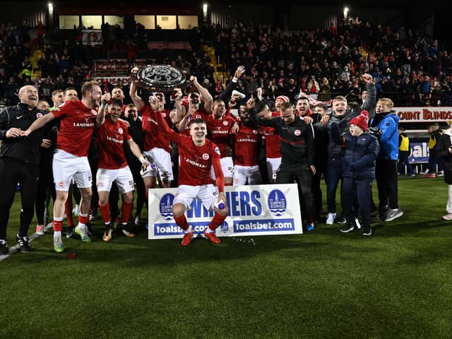 Larne lift the Co Antrim shield for the second year running after a 1-0 win over Linfield at Seaview in Belfast. Photo Colm Lenaghan/Pacemaker Press