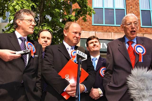 Jim Allister with DUP colleagues in the 2004 MEP election, from left Peter Robinson, Nigel Dodds, Jeffrey Donaldson and Ian Paisley. Mr Allister . He had walked away from politics between 1987 and then, says Gregory Campbell