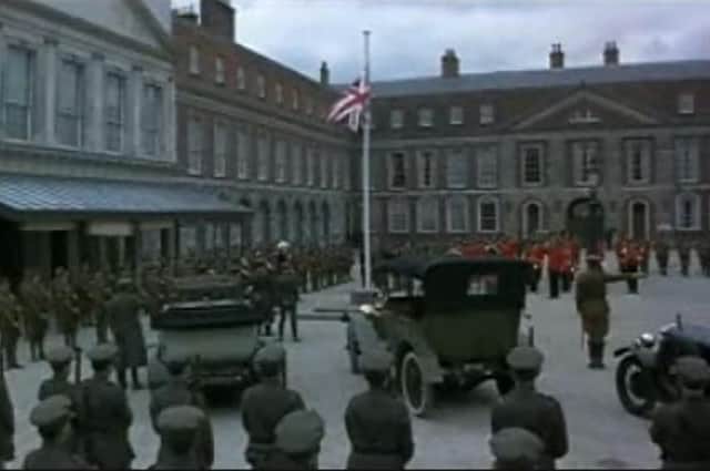 The lowering of the Union Flag in Dublin Castle in January 1922, as depicted in the Liam Neeson film 'Michael Collins'