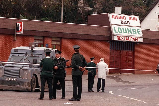The scene of the loyalist massacre that claimed eight lives at the Rising Sun bar in Greysteel, Co Londonderry in October 1993. Photo: Pacemaker archive