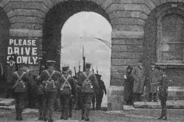 Soldiers leaving Dublin Castle after the handover to Michael Collins' government, 1922