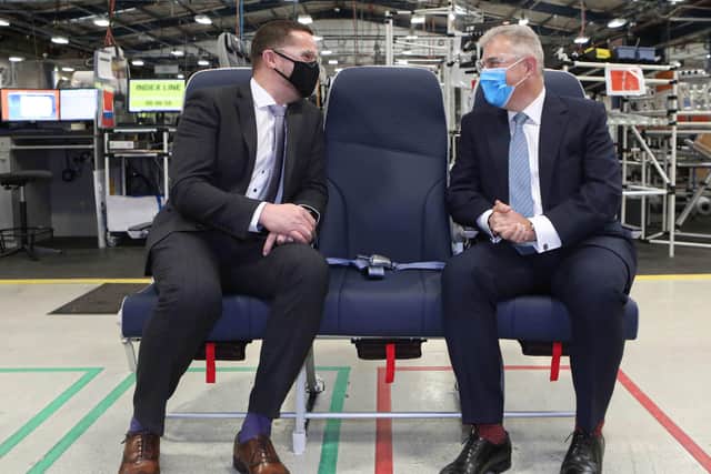 The Secretary of State for Northern Ireland, Brandon Lewis MP visited Collins Aerospace in Kilkeel. Pictured with the SOSNI is managing director, Stuart McKee