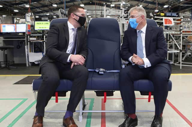 The Secretary of State for Northern Ireland, Brandon Lewis MP visited Collins Aerospace in Kilkeel. Pictured with the SOSNI is managing director, Stuart McKee