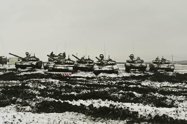 Russian tanks in drills in the Rostov region, southern Russia on Wednesday. Russia has rejected Western complaints about its troop buildup near Ukraine. Escalation to war is not inevitable writes Esmond Birnie but the probability of something going badly wrong is reasonably high (AP Photo)