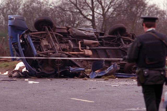 The wreckage of van in which eight workmen were killed in an IRA landmine explosion at Teebane crossroads in January 1992. Pacemaker archive