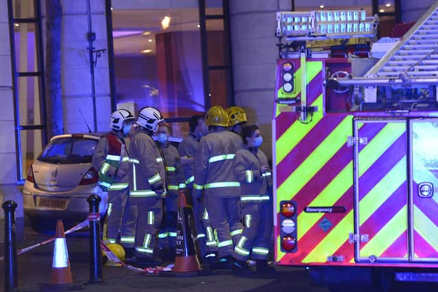 Pacemaker Press 14-01-2022: Motorists are asked to avoid Belfast city centre's Great Victoria Street as it, along with Bruce Street, are currently closed as the Northern Ireland Fire & Rescue Service are dealing with a fire in the area. 
Picture By: Arthur Allison/Pacemaker Press.