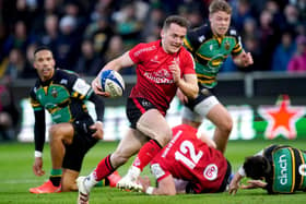 Ulster's Michael Lowry breaks away to score his side's third try of the game during the Heineken Champions Cup, Pool A match at cinch Stadium at Franklin's Gardens, Northampton. Pic by PA.