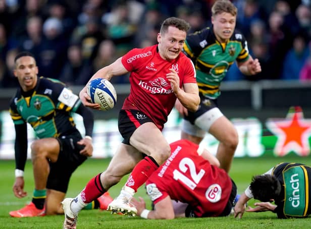 Ulster's Michael Lowry breaks away to score his side's third try of the game during the Heineken Champions Cup, Pool A match at cinch Stadium at Franklin's Gardens, Northampton. Pic by PA.