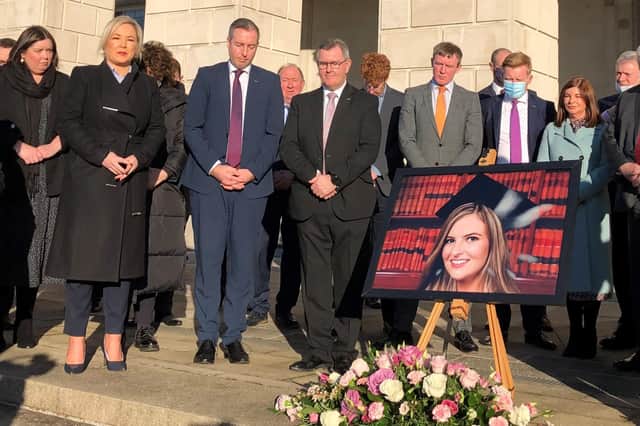 Deputy First Minister Michelle ONeill, First Minister Paul Givan and DUP leader Sir Jeffrey Donaldson take part in a silent vigil on the steps of Parliament Buildings, Stormont, for Ashling Murphy who was found dead after going for a run in Co Offaly. Picture date: Monday January 17, 2022.