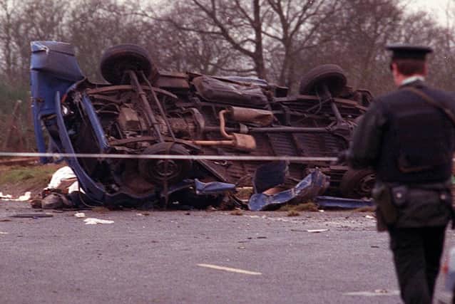Remains of the van in which eight workmen were killed in an IRA landmine explosion