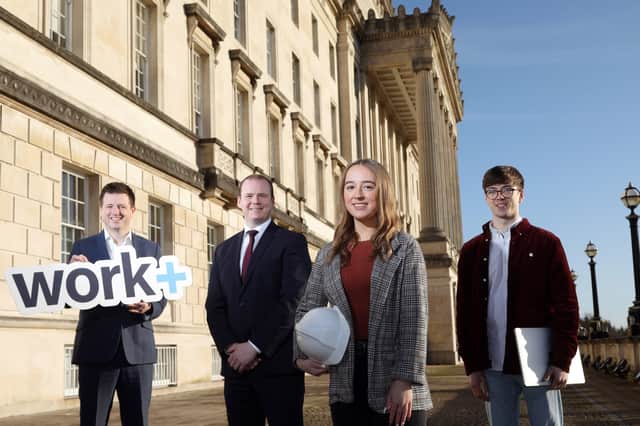 Economy Minister Gordon Lyons, Richard Kirk, CEO of Workplus, Workplus ambassador Evie Boreland who is a junior engineer at TetraTech and Oscar Daly, a software development apprentice at Instil