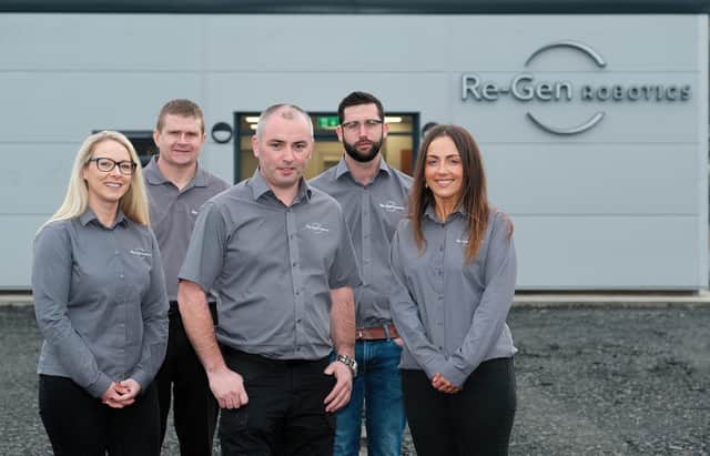 Re-Gen Robotics team outside their new Headquarters in Newry. Pictured are Grainne Mulgrew, project manager, Tony Havern, design engineer, managing director, Fintan Duffy, Conor Kelly, contracts manager and Amy McKeown, markting and business devlopment