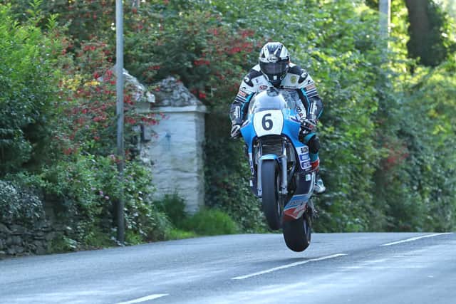 Michael Dunlop on the Team Classic Suzuki at Ballacrye during the Superbike race at the Classic TT in 2019.