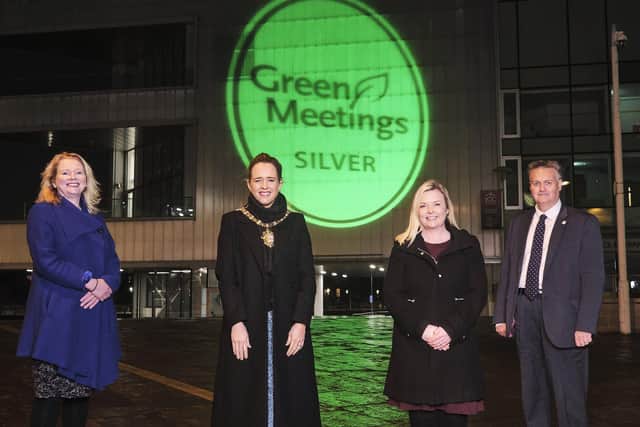 Julia Corkey, chief executive, ICC Belfast | Waterfront Hall | Ulster Hall, Lord Mayor of Belfast Councillor Kate Nicholl, Jac Callan, sustainability and impact manager, Visit Belfast and Iain Bell, director of finance, risk and corporate services, ICC Belfast | Waterfront Hall | Ulster Hall