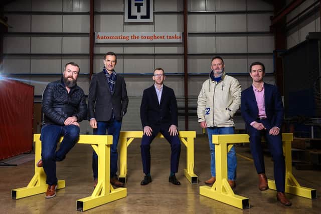 Pictured at Tribe Technology’s headquarters in Mallusk are  Michael Morrow, operations director at Tribe Technology Group, Enda Ivanoff, one of Tribe’s investors, Stuart Gaffikin, investment manager at Clarendon Fund Managers, Bertie Notley, another Tribe investors and Eric Hampel, general manager - group finance at Tribe Technology Group