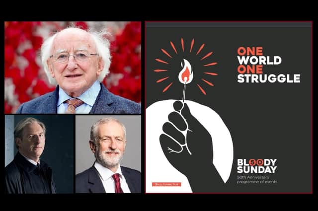 Clockwise: Michael D Higgins, Jeremy Corbyn, Adrian Dunbar (and part of the brochure)