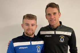 Marc Walsh and Dungannon Swifts manager Dean Shiels. Pic courtesy of Dungannon Swifts FC.
