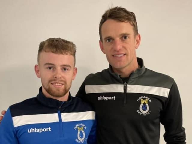 Marc Walsh and Dungannon Swifts manager Dean Shiels. Pic courtesy of Dungannon Swifts FC.