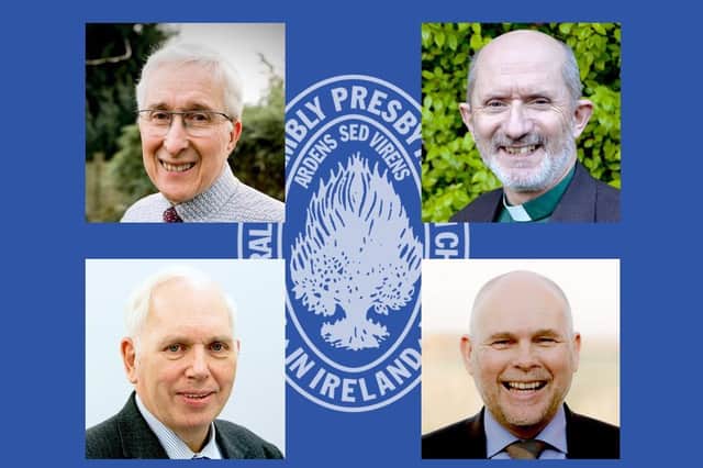 Four nominees for Presbyterian moderator, clockwise from top left: Rev John Kirkpatrick; Rev Colin McClure; Rev Alastair McNeely and Rev Trevor McCormick.
