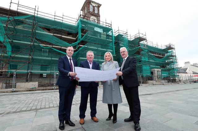 First Minister Paul Givan and deputy First Minister Michelle O'Neill pictured with Hotel developers Cecil Doherty and Liam Tourish at The Ebrington Hotel. Photo by Kelvin Boyes / Press Eye