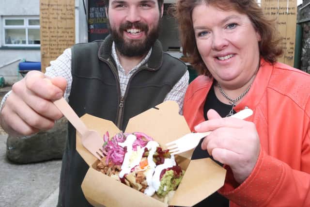 Charlie Cole of Broughgammon Farm in Ballycastle is pictured with celebrity chef Paula McIntyre, an enthusiastic supporter of the farm’s food products and those from Carol’s Stock Market