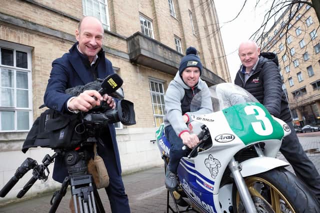 From left: BBC Sport NI’s Stephen Watson with Alastair Seeley, who has won a record 24 races at the North West 200 and the NW200’s Mervyn Whyte.