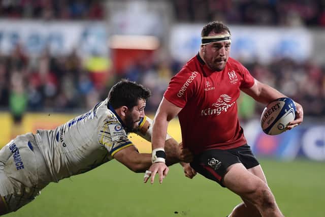 Rob Herring of Ulster and Etienne Falgoux of Clermont during the Heineken Champions Cup match between Ulster Rugby and ASM Clermont Auvergne at Kingspan Stadium. (Photo by Charles McQuillan/Getty Images)