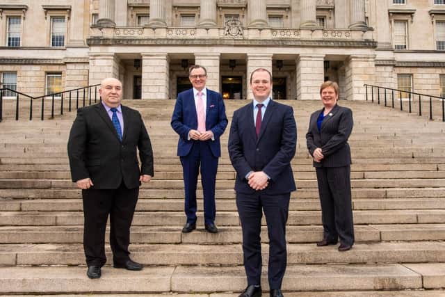 Economy Minister Gordon Lyon is joined by Professor Sakir Sezer who is principal architect at NVIDIA, vice-chancellor of Queen’s University Belfast, Professor Ian Greer and Dr Vicky Kell, Invest NI’s director of Innovation