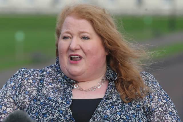 PACEMAKER PRESS  BELFAST 17/11/2021
Alliance Leader Naomi Long  speaks to the media with Sorcha Eastwood  after a meeting about the protocol  with Lord Frost at Stormont on Wednesday.
Pic Colm Lenaghan/ Pacemaker