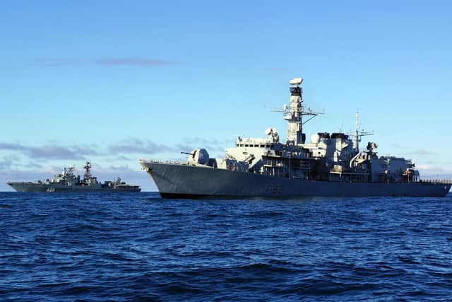 The Royal Navy's HMS Somerset (foreground) shadowing a Russian naval task group as it travelled through the English Channel and along the east coast of the UK in 2016.