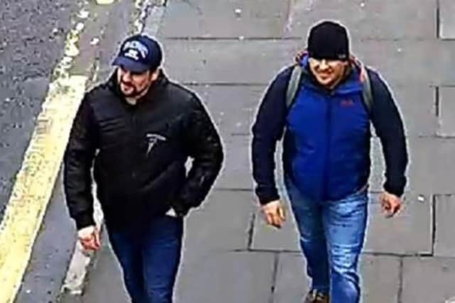 Salisbury Novichok poisoning suspects Alexander Petrov and Ruslan Boshirov are shown on CCTV on Fisherton Road, Salisbury on 04 March 2018. The two Russian nationals were named as suspects in the attempted murder of former Russian spy Sergei Skripal and his daughter Yulia March in 2018. Photo by Metropolitan Police via Getty Images.