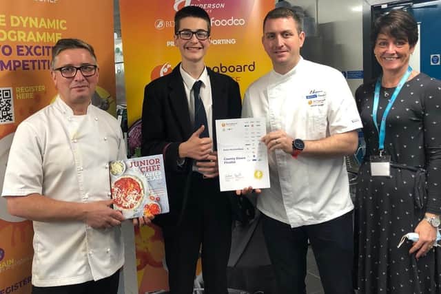 FutureChef finalist Ewan McCandless from Wallace High School is pictured with mentor Chris McGowan from Wine & Brine in Moira, plus Caitriona Lennox from Springboard and Geoff Baird, food development chef at Henderson Foodservice, sponsors of the competition
