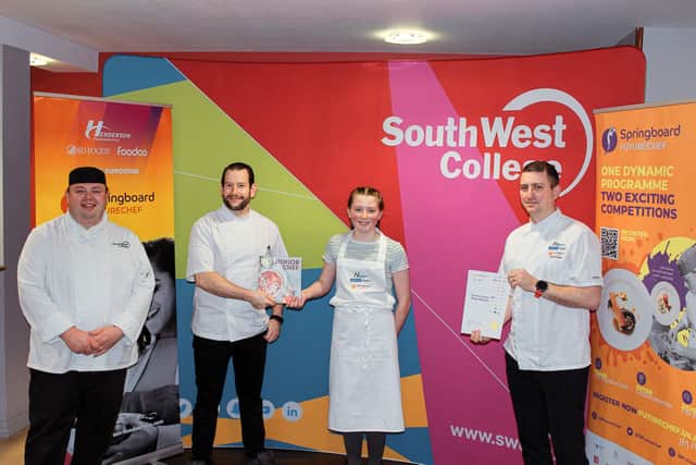 FutureChef finalist Kristen Nugent from St. Ciaran’s College is awarded her finalist certificate by mentor and Chef James Devine from No. 47, Cookstown. Also pictured is Darren Pitts, catering lecturer at SWC, Dungannon and Geoff Baird, food development chef at Henderson Foodservice, sponsors of the competition