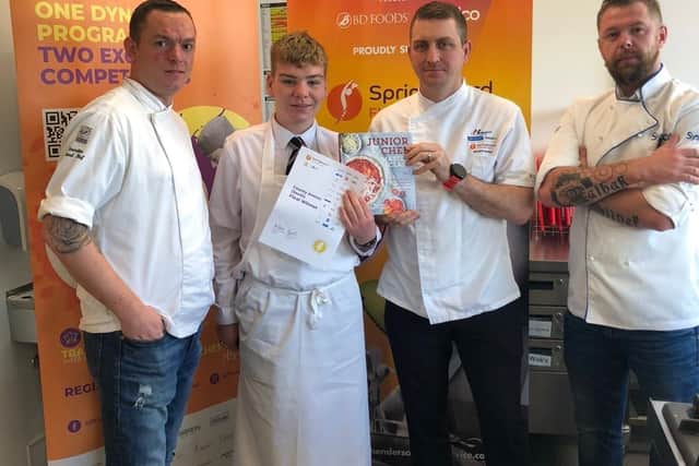 FutureChef finalist Michael Thompson from Campbell College is pictured with mentor and chef John Clark from AC Hotels, Geoff Baird, food development chef at Henderson Foodservice, sponsors of the competition and chef Artur Fron from Made in Belfast