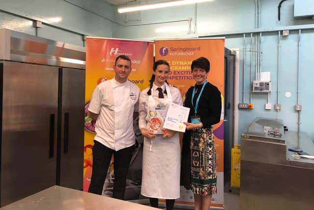 FutureChef finalist Olivia Drain from Ballymena Academy is pictured with mentor chef Chris Bell, plus Caitriona Lennox from Springboard and Geoff Baird, food development chef at Henderson Foodservice, sponsors of the competition
