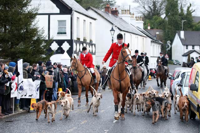 A 2018 hunt in Crawfordsburn, Co Down, which drew crowds of supporters and opponents. A Stormont bill to ban hunting has been rejected