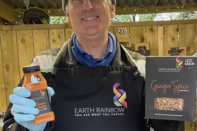 Paul Leyburn, one of the founders of Bangor’s Earth Rainbow, selling the fruit juices, shots and granolas at Saintfield Saturday market