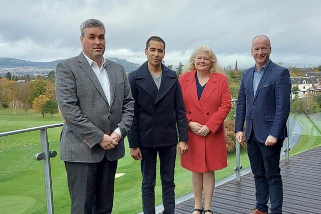 Welcoming Salim Berrezag, second left, the new head chef of the classy The View restaurant at Belvoir Park Golf Course in Belfast, are
Brendan McDermott, the club’s general manager, Michele Shirlow, chief executive, Food NI and Andrew Nethercott, Food NI chairman