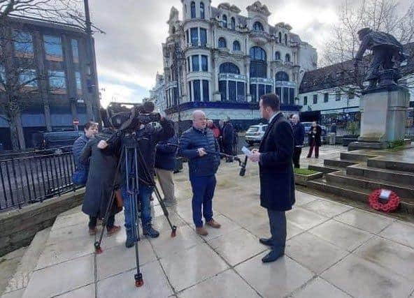 Gary Middleon MLA at the cenotaph in Londondery on Thursday speaking to the media on the day the 50th anniversary of the IRA murders of two policemen in the city. Constable David Montgomery, 20, and Sergeant Peter Gilgunn, 26, was marked