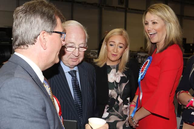 Diane Forsythe (far right) who was selected as the DUP candidate for South Down on Friday, with Sir Jeffrey Donaldson at an election count in 2017
