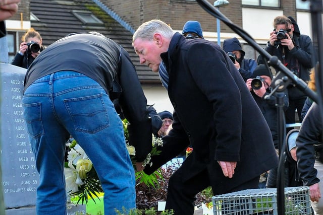 Charlie Nash places a wreath at the Bloody Sunday Monument, during a 50th anniversary Memorial Service, held on Sunday morning , in remembrance of those shot dead and wounded in 1972. Photo: George Sweeney, DER2205GS – 025