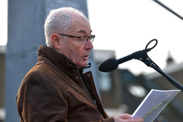 Mickey McKinney speaking at the 50th anniversary Memorial Service held at the Bloody Sunday Monument on Rossville Street on Sunday morning. Photo: George Sweeney, DER2205GS – 010